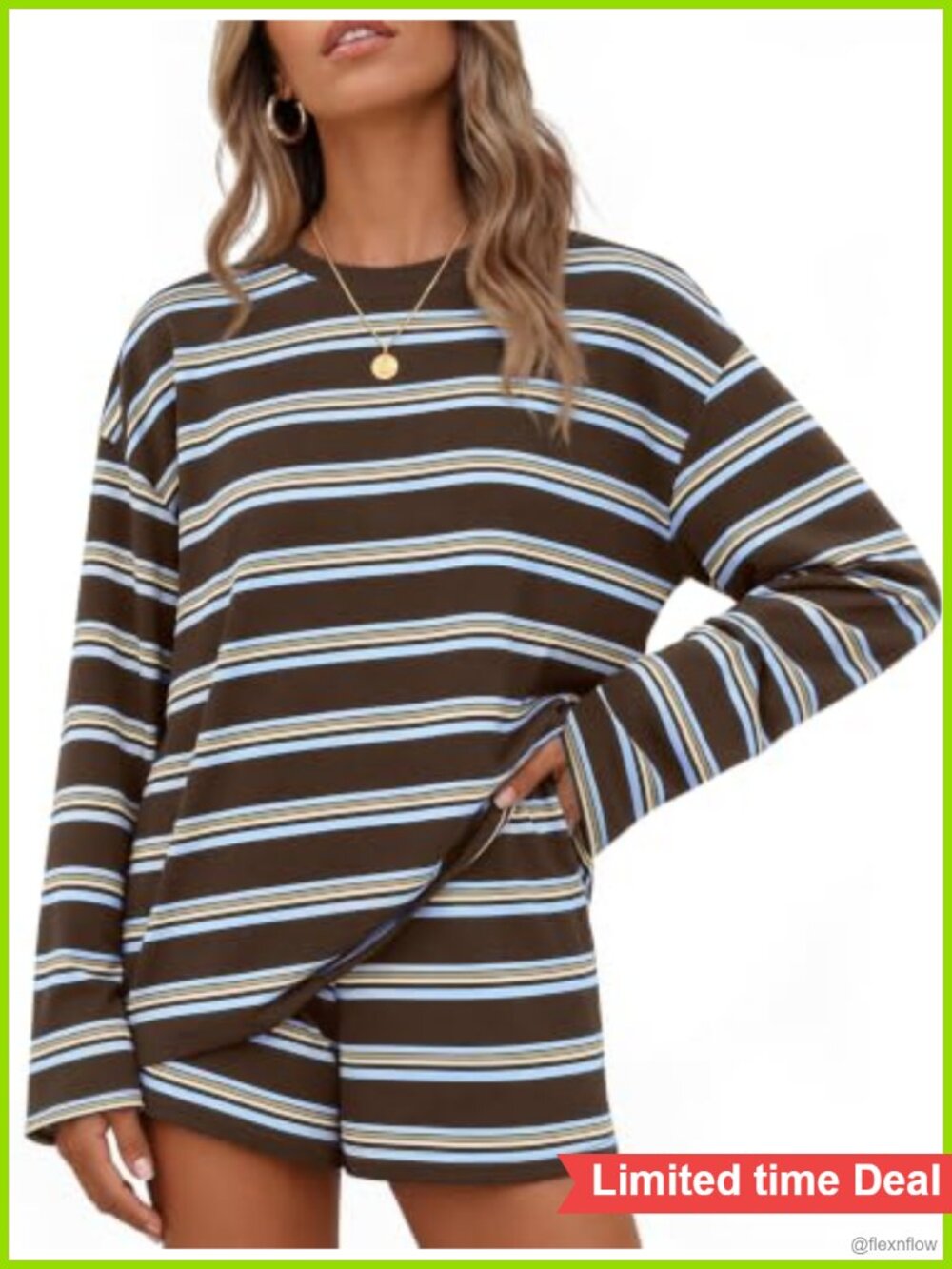Womens 2 Piece Striped Lounge Set Oversized Long Sleeve Top & Shorts